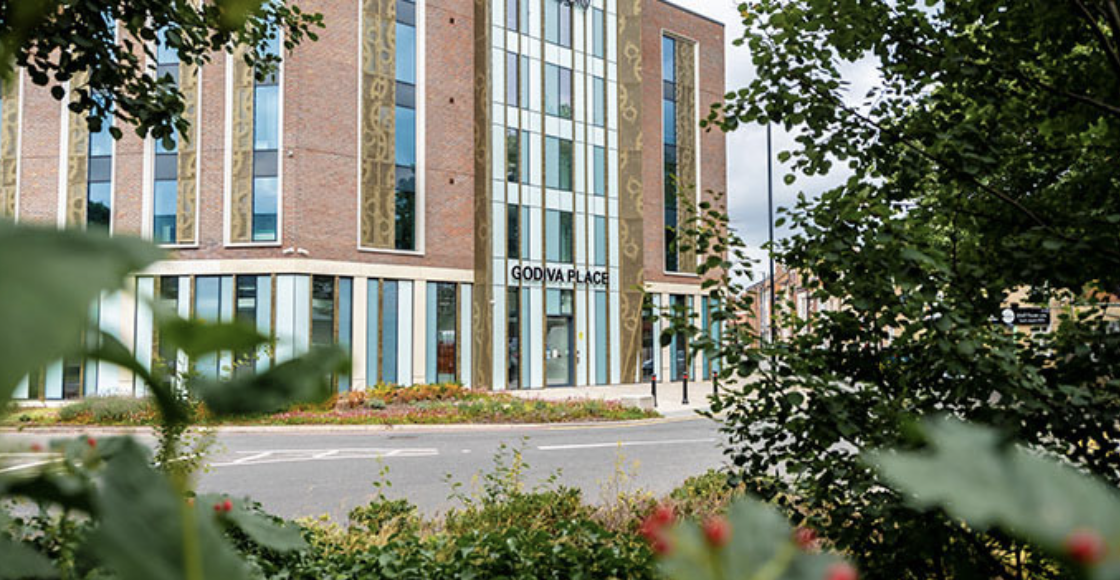 a close up of a flower garden in front of a building