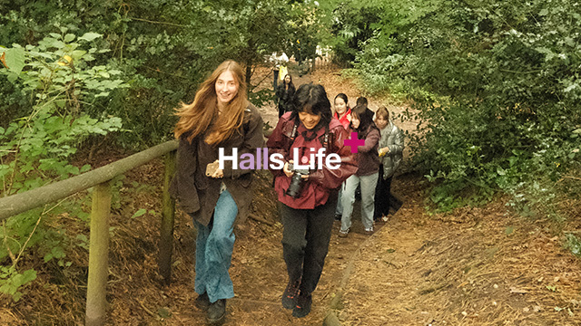 a little girl standing next to a tree