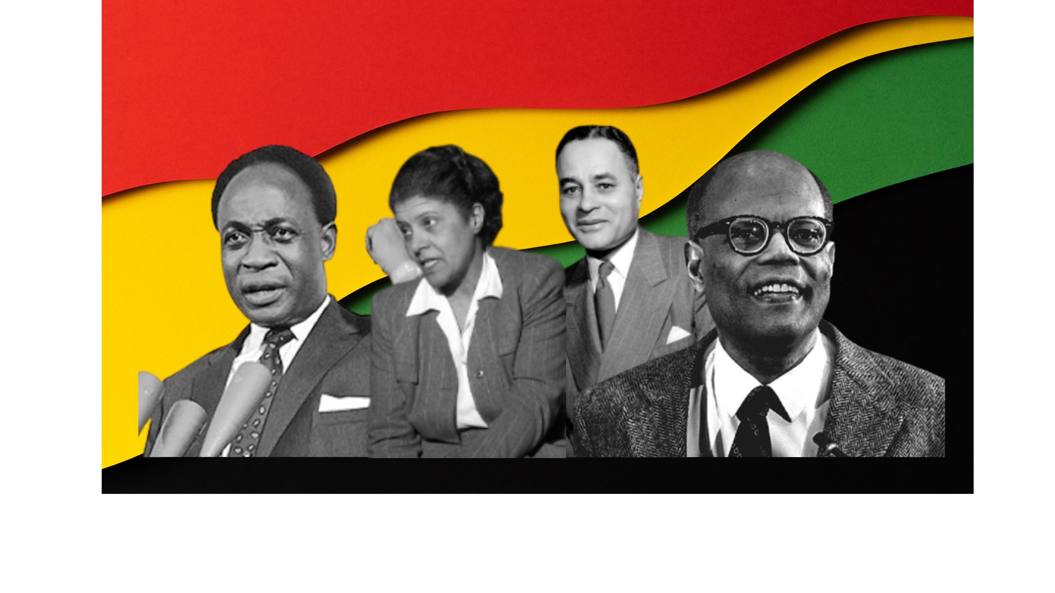 Kwame Nkrumah, Ralph Bunche, W. Arthur Lewis and Eslanda Robeson posing for the camera