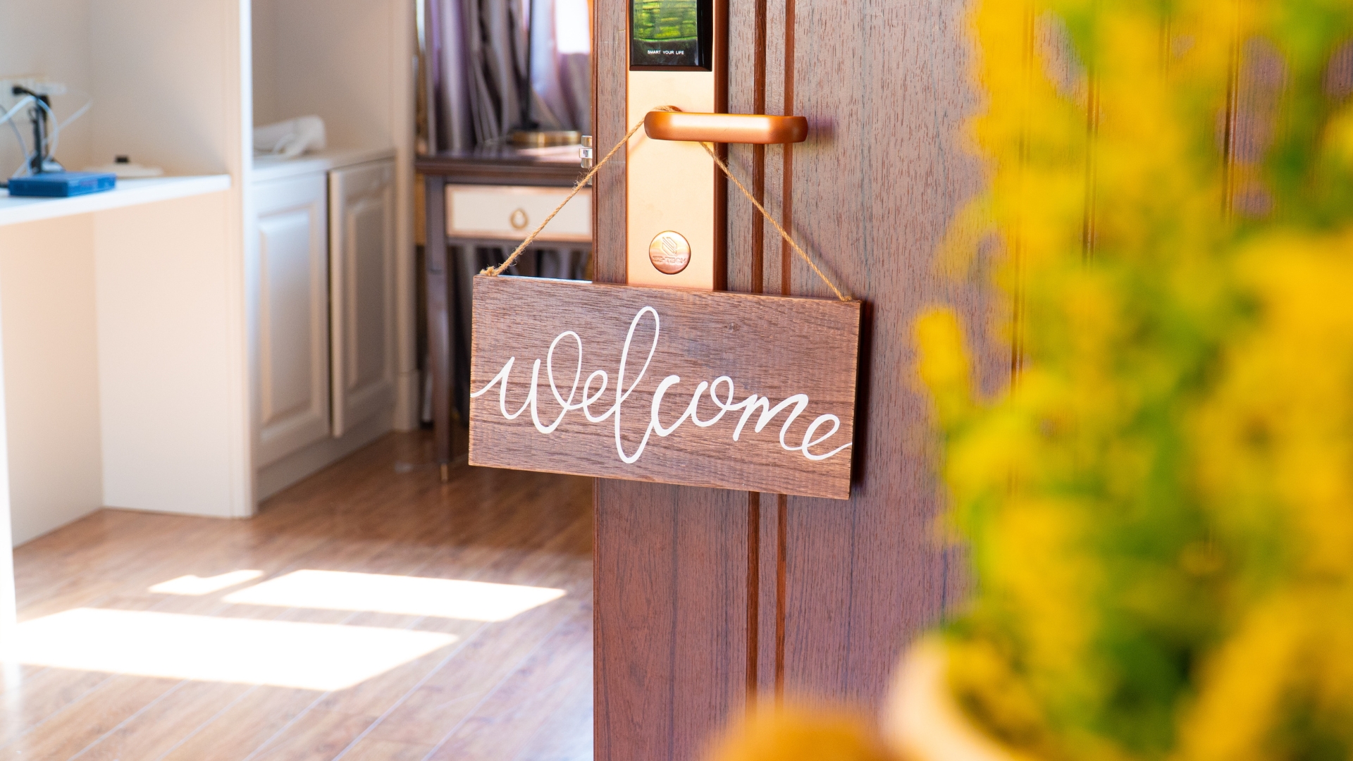 a sign on a wooden table