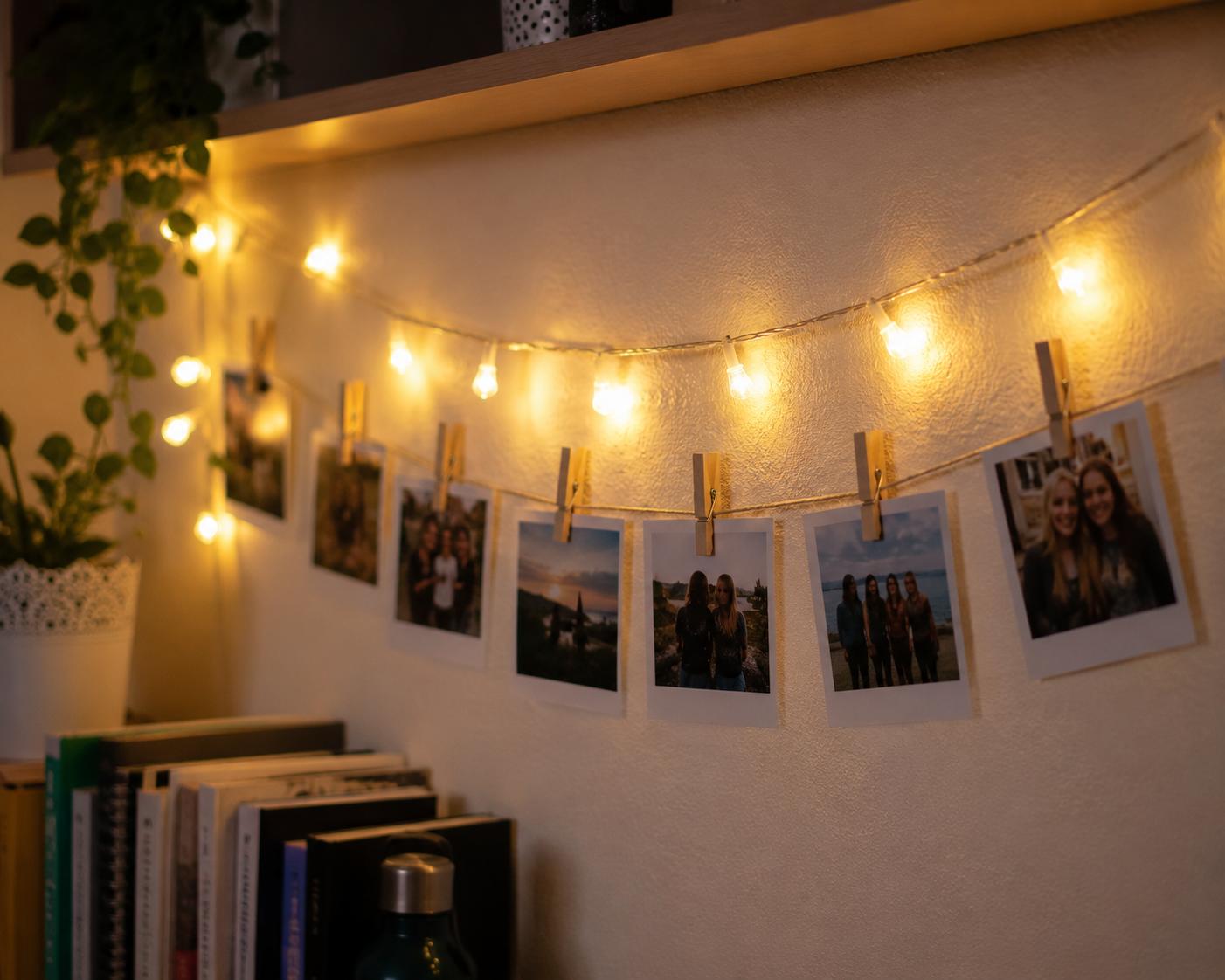 Fairy lights, photos hanging from a shelf